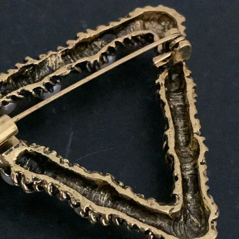 Vintage Style Triangle Lapel Pin in Antique Gold Finish with Faux Pearls
